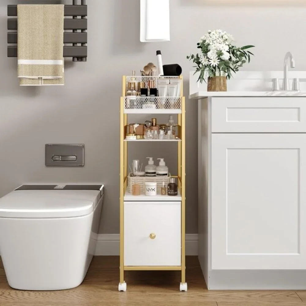 New Gold Rolling Makeup Storage Cart, Vanity Organizer with Drawers for Home